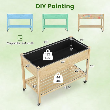 S AFSTAR Wooden Raised Garden Bed with Wheels, Elevated Planter Box with Legs, Storage Shelf, Liner & Drainage Holes, Indoor Outdoor Patio Gardening Box for Vegetable, Flower & Herb