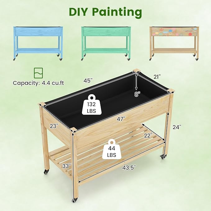 S AFSTAR 2 Pieces Wooden Raised Garden Bed with Wheels, Elevated Planter Box with Legs, Storage Shelf, Liner & Drainage Holes, Indoor Outdoor Patio Gardening Box for Vegetable, Flower & Herb
