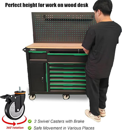 13-Drawers Rolling Tool Cabinet with Wood Workbench,Pegboard,60.6W x 22.7D x 66.1H inch,Heavy-Duty Steel Tool Storage,Lock & Key for Home,Garbge or Workshop Use(13 Drawer + 348 Pieces Tools)