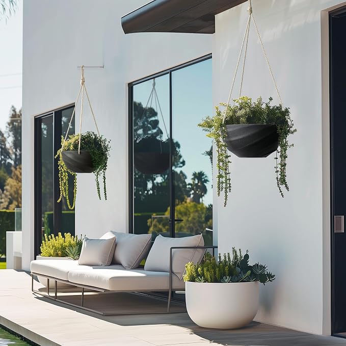 La Jolie Maison 10 Inch Hanging Planters for Indoor Plants, Outdoor Garden Planter Pots with Self-Watering Tray, Jet Black, Spiral Pattern, Set of 2