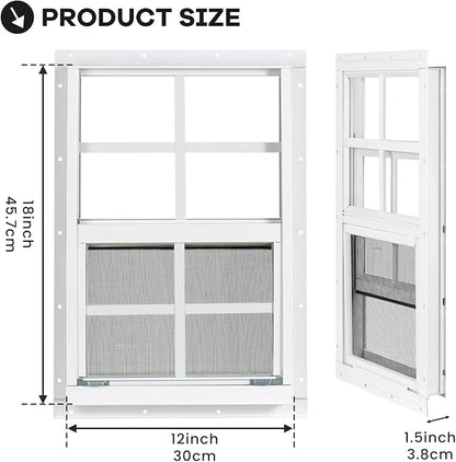 Shed Windows 2 Pack, Chicken Coop Windows 12" x 18" White | Flush Mounted Small Windows with Tempered Glass and Fiberglass Screen for Shed, Barns, Playhouse, Household, Garage