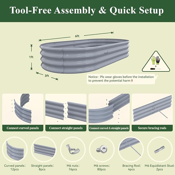Galvanized Raised Garden Bed, 2 Pack 6x3x1ft Oval Metal Planter Box | Easy Tool-Free Assembly, Beginner & Senior Friendly, 12" Tall Large Outdoor Gardening Beds for Vegetables, Flowers, Herb Gray