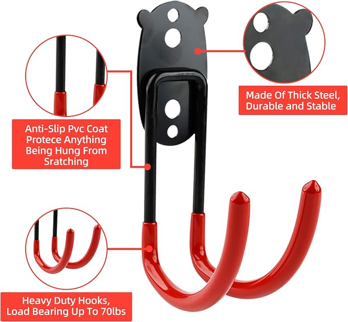 Garage Hooks Heavy Duty, Large Curved Hooks Wall Mount, Anti-Slip PVC Coated Steel Utility Storage Organizer for Hanging Ladders, Bikes, Garden Tools and Hoses 2 Packs