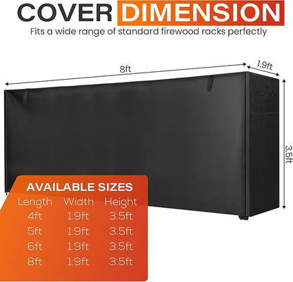 12ft Waterproof Firewood Rack Cover - Heavy Duty Black 600D Oxford Fabric - Indoor Or Outdoor Firewood Log Cover with Zipper & Adhesive Closing Strips - Rack NOT Included - Black