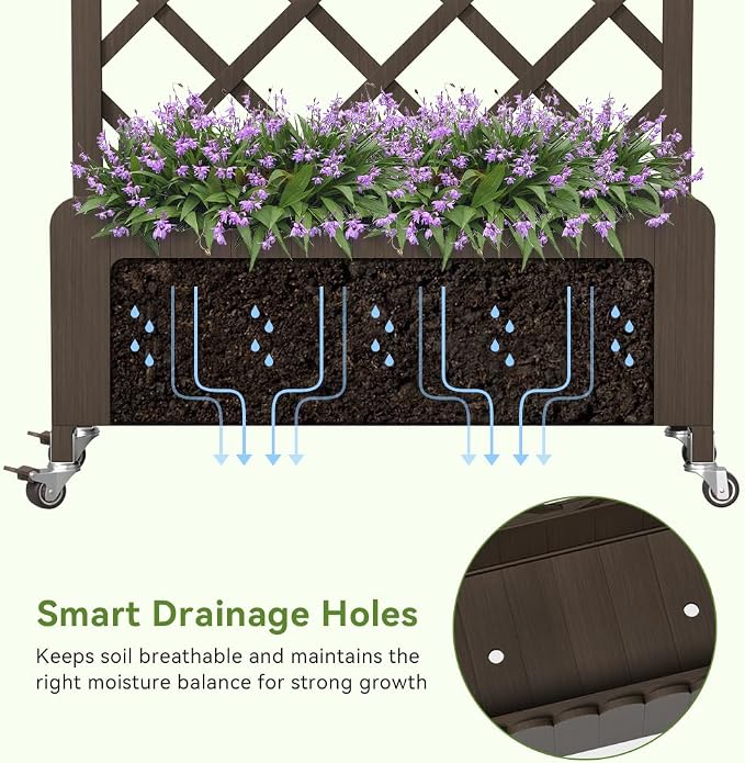 COMHOMA 2 Pack Planter Box with Trellis and Wheels, 48In Elevated Raised Garden Bed, Drainage Holes, Outdoor Lattice for Climbing Flowers, Vegetables, Patio Balcony, Brown