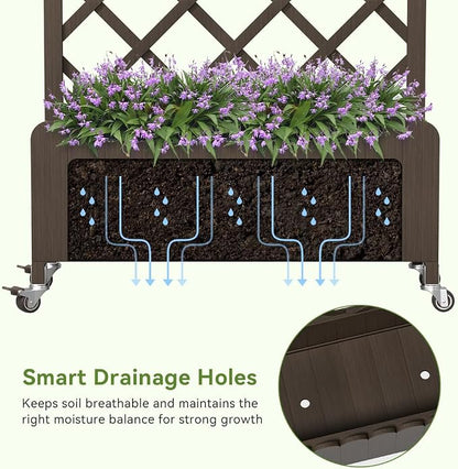 COMHOMA 2 Pack Planter Box with Trellis and Wheels, 48In Elevated Raised Garden Bed, Drainage Holes, Outdoor Lattice for Climbing Flowers, Vegetables, Patio Balcony, Brown