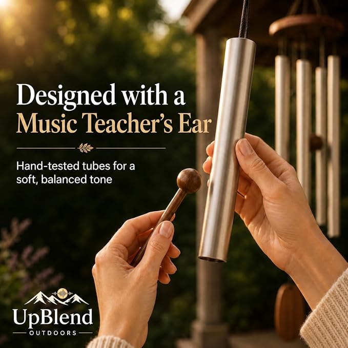 Silver Wind Chimes for Outside Deep Tone, 29 Inch Hand Tuned B Major Pentatonic Soprano Wind Chime with Decorative Kindness Stone, Outdoor Garden Patio Porch Decor, Meaningful Sympathy Memorial Gift