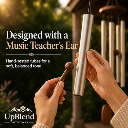 Silver Wind Chimes for Outside Deep Tone, 29 Inch Hand Tuned B Major Pentatonic Soprano Wind Chime with Decorative Kindness Stone, Outdoor Garden Patio Porch Decor, Meaningful Sympathy Memorial Gift