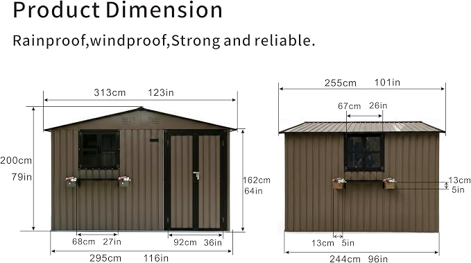 10x8 FT Storage Shed,Outdoor Metal Building Backyard Shed with 2 Clear Openable Windows,Windowsill & Garden Bed Flower Rack,Lockable Double Doors Tool Shed, Heavy Duty Waterproof,for Yard,Brown