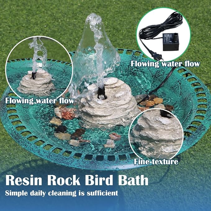 Bird Bath Fountain, Resin Granite with 9.8ft Long Wired Pump for Outdoor Garden Patio Decor, Rock Water Feature Fountain for Hummingbird Birdbath Aquariums and Fish Tank (Gray)