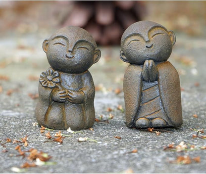 OwMell Japanese Jizo Monk Statue, Buddha Jizo Figurine Memorial Aquarium Statue Ornament - Tilt Smile Iron