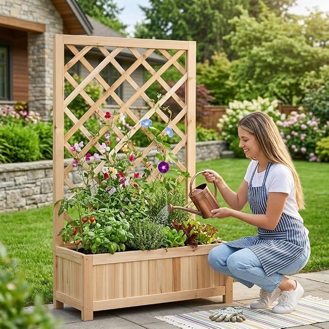 Wooden Raised Garden Bed with Trellis, 40" Outdoor Planter Box for Climbing Plants, Vertical Natural Wood Garden Planter for Vegetables, Flowers & Vines, Lattice Plant Support for Patio Yard Balcony