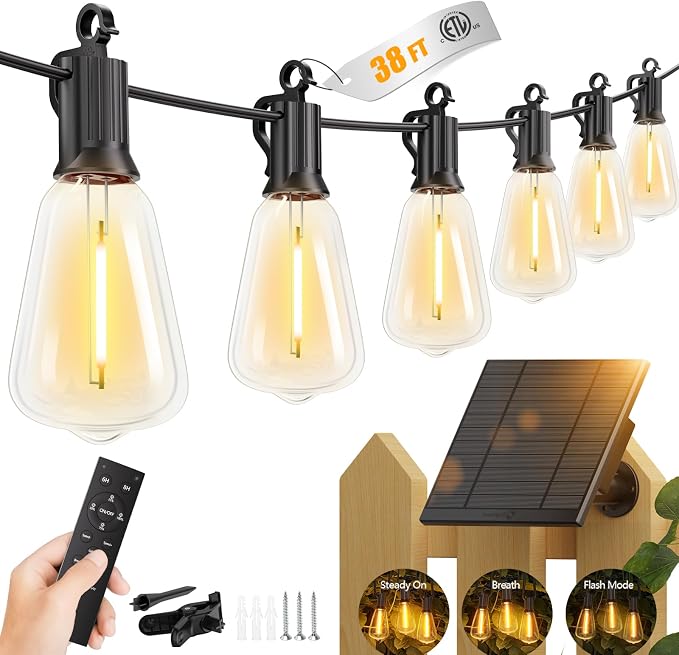 Brightown 38FT Solar String Lights Outdoor Waterproof with Remote, 15+1 LED Shatterproof Bulbs, Dimmable & Timable, 3 Light Modes - Commercial Grade Patio Lights for Garden Backyard Party Decor