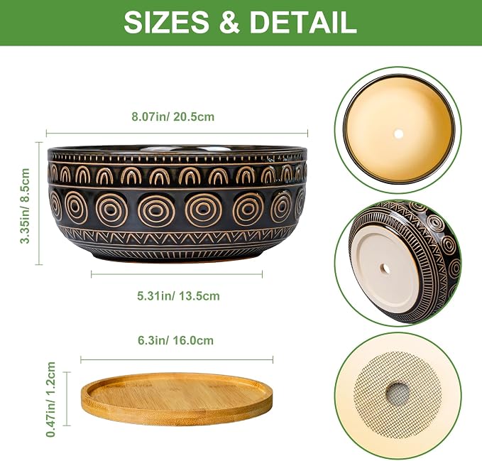 Eightpot Ceramic Bonsai Pots - 8 Inch Plant Pot for Succulent, Round Planter for Indoor Plants, Shallow Planters with Drainage Hole and Tray, Boho Bonsai Bowl, Living Room Decor, Black