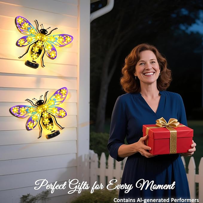 2 Pack Metal Bee Outdoor Wall Decor with 30 Led Solar Lights- 13.8" Outdoor Fence Wall Art Decor, Gift for Mom Grandma Women Birthday Gardening,Hanging Decoration for Garden Patio Porch Yard