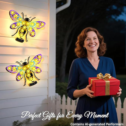 2 Pack Metal Bee Outdoor Wall Decor with 30 Led Solar Lights- 13.8" Outdoor Fence Wall Art Decor, Gift for Mom Grandma Women Birthday Gardening,Hanging Decoration for Garden Patio Porch Yard