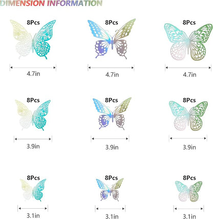 SAOROPEB 3D Butterfly Wall Decor, 72 Pcs 3 Styles 3 Sizes, Removable Metallic Wall Sticker Room Mural Decals for Kids Bedroom Nursery Classroom Party Decoration Wedding Decor DIY Gift (Laser)