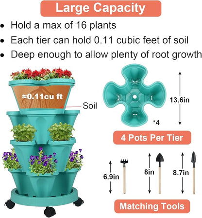 GameXcel Vertical Planter Tower - 4 Tier Stackable Garden Planters with Wheels and Tools Plant Pots for Strawberry Herb Flower and Vegetable Indoor Outdoor Use Teal