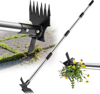 2 in 1 Crack Weeder and Weed Puller Tool with Long Handle - 57" Hand Weed Rake & Crevice Weeding Tool, Manual Weeding Remover Uprooting Garden Tools for Lawn, Yard, Patio and Paver, Sidewalk Cracks