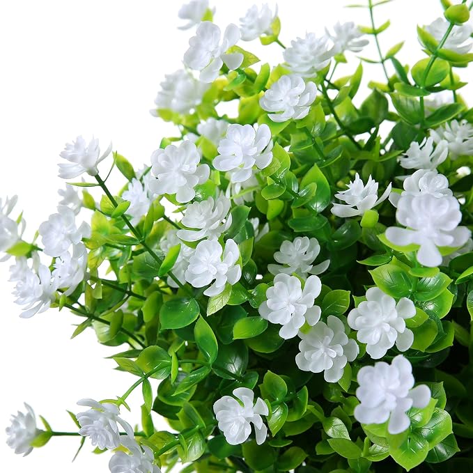 XLFAQXM Artificial Plants Flowers Grass Shrubs 8 Pack No Fade Faux Plastic Flowers Outdoor for Vases Farmhouse Garden Porch Patio Office Indoor Wedding Decoration Greenery Fake Plants (2#White)