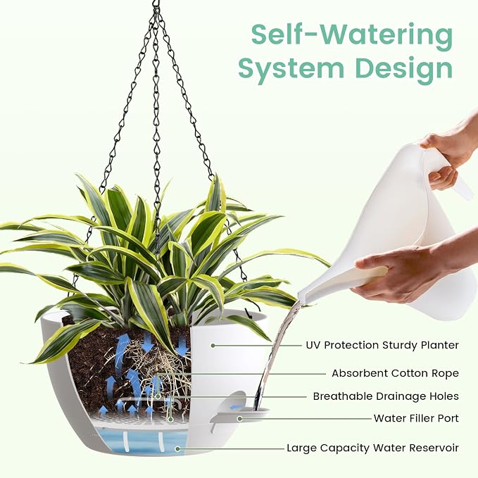 UOUZ 4 Pack 8 Inch Self Watering Hanging Planters for Indoor Outdoor Plants，Hanging Pots for Plants with Drainage Removable Tray, Hanging Baskets Flower Pots for Ivy Pothos Spider Garden Porch White