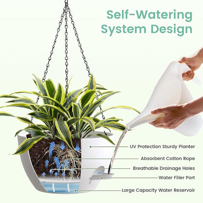 UOUZ 4 Pack 8 Inch Self Watering Hanging Planters for Indoor Outdoor Plants，Hanging Pots for Plants with Drainage Removable Tray, Hanging Baskets Flower Pots for Ivy Pothos Spider Garden Porch White