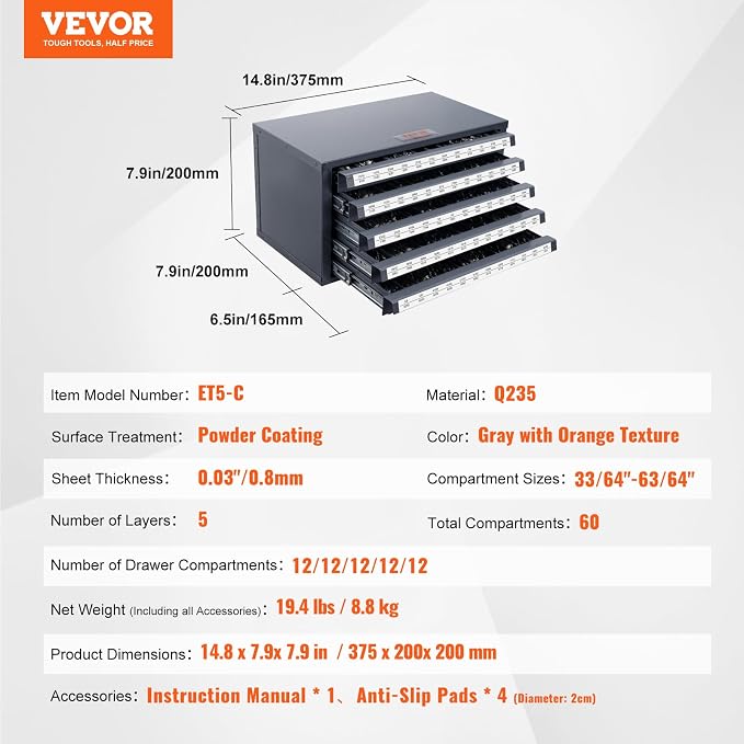 VEVOR Drill Bit Dispenser Cabinet, Five-Drawer Drill Bit Dispenser, 1/2" Reduced Shank Drill Bit Organizer Cabinet, Drill Dispenser Organizer Cabinet for Sizes 33/64" to 63/64" in 1/64" Increments