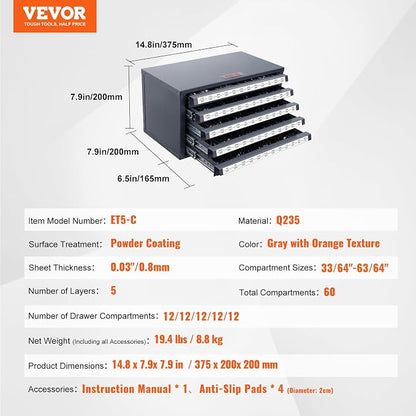 VEVOR Drill Bit Dispenser Cabinet, Five-Drawer Drill Bit Dispenser, 1/2" Reduced Shank Drill Bit Organizer Cabinet, Drill Dispenser Organizer Cabinet for Sizes 33/64" to 63/64" in 1/64" Increments