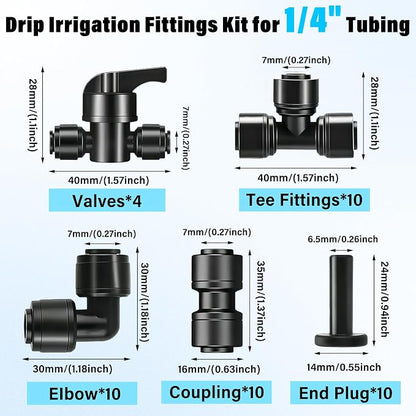 44 Pcs 1/4" Quick Connect Drip Irrigation Fittings Kit for for Gardens | with 4 Shut Off Valve,10 Tees,10 Couplings,10 Elbows & 10 End Plugs,for Garden Irrigation Systems