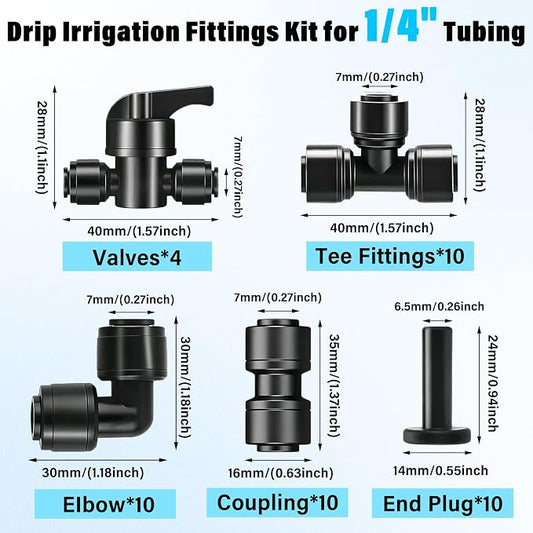 44 Pcs 1/4" Quick Connect Drip Irrigation Fittings Kit for for Gardens | with 4 Shut Off Valve,10 Tees,10 Couplings,10 Elbows & 10 End Plugs,for Garden Irrigation Systems