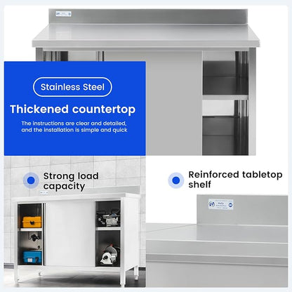 Hally Stainless Steel Cabinet, 24" x 48" NSF Commercial Heavy Duty Prep Workbench with Backsplash and Two Sliding Doors, Large Storage Cabinet, Metal Table for Kitchen, Restaurant, Garage