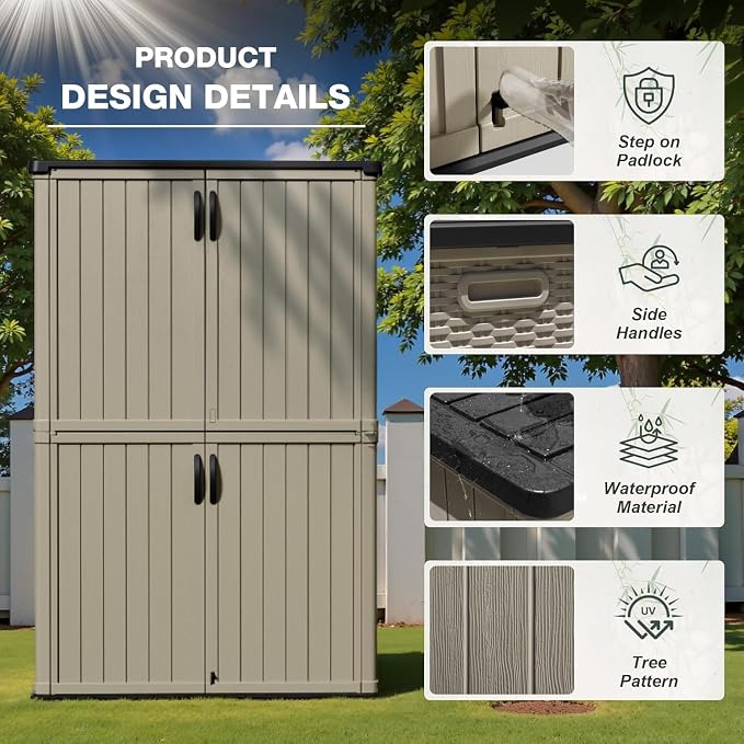Greesum Outdoor Storage Shed Without Divider, 50 cu.ft Outdoor Waterproof Storage Cabinet for Garden Tools, Garbage Cans, Pool Storage, Beige