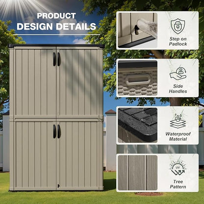 Greesum Outdoor Storage Shed Without Divider, 50 cu.ft Outdoor Waterproof Storage Cabinet for Garden Tools, Garbage Cans, Pool Storage, Beige