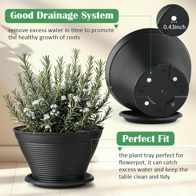 RooTrimmer 4 Pack 12 Inch Plant Pots with Saucers, Plastic Flower Pots with Drainage Holes, Large Planters for Indoor Outdoor Garden, House Plants, Flowers, Herbs, Gardening Gifts, Black
