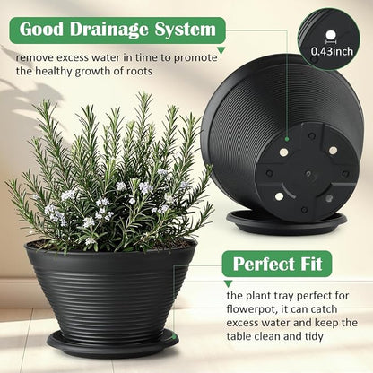 RooTrimmer 4 Pack 12 Inch Plant Pots with Saucers, Plastic Flower Pots with Drainage Holes, Large Planters for Indoor Outdoor Garden, House Plants, Flowers, Herbs, Gardening Gifts, Black