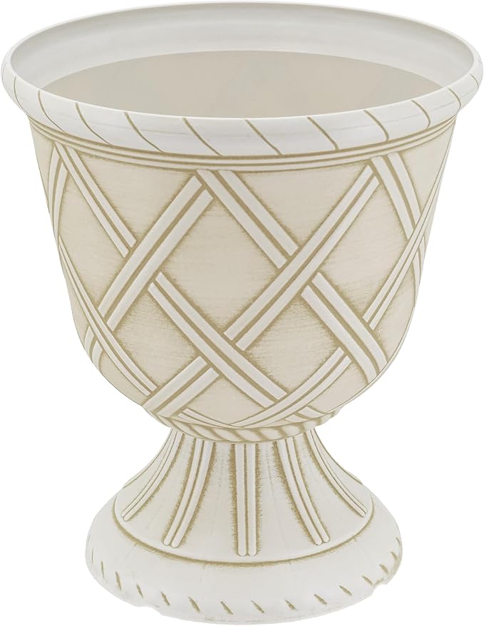 Arcadia Garden Products PL60BG Lattice Plastic Garden Urn, Classic Decorative Garden Pot Planter for Indoor and Outdoor Plants, White