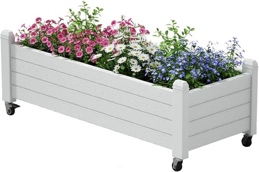 Raised Garden Bed with Wheels, Resin Planter Box with Drain Hole and Water Level Detector, Herb Planter for Garden Patio Backyard, Ashen(13.3" H)