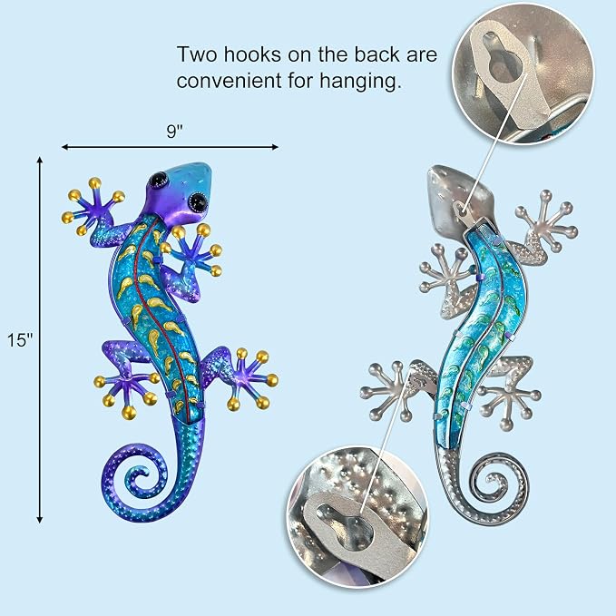 HONGLAND Metal Gecko Wall Art- 15 Inch Lizard Outdoor Decor Hanging Glass Sculpture, 2 Pack Gecko Wall Art Decorations for Garden Fence Home