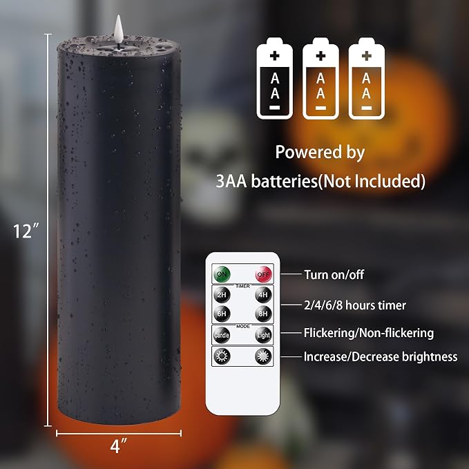 Waterproof 4" x 12" Flameless LED Remote Candles, Battery Operated Flickering Fake Timer Pack of 2 Tall Large Plastic Black Pillar Lasting 420 Hrs Outdoor Candles for Halloween Festival