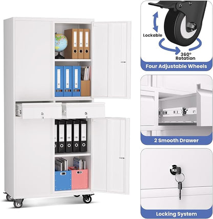 Metal Storage Cabinet with Wheels, 72” Rolling Garage Organizer with Locking Doors & 2 Drawers, Heavy Duty Steel Tool Cabinet with 3 Adjustable Shelves, Lockable Filing Cabinet for Home Office
