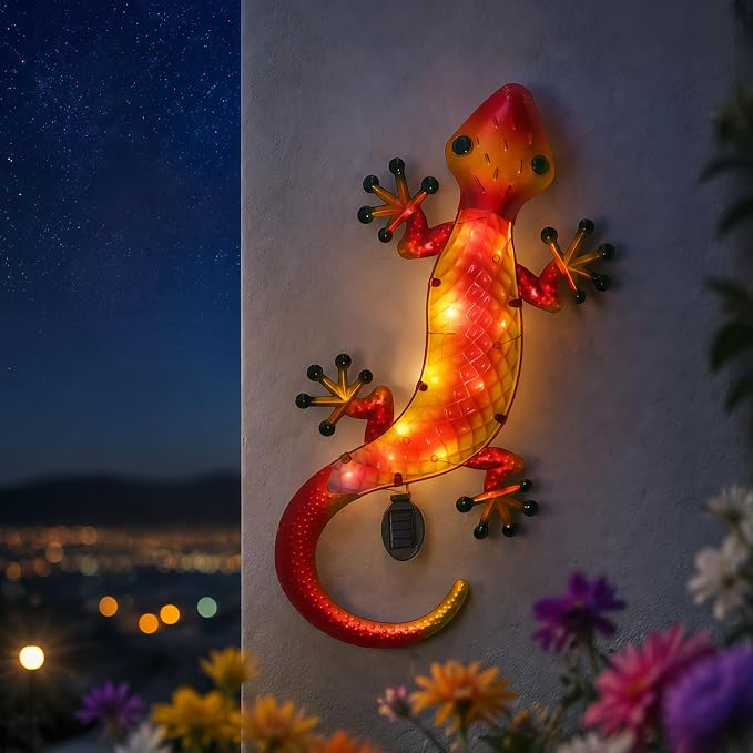 HONGLAND Solar Lizard Wall Decor-30 Inch 3D Gecko Metal Wall Art Outdoor Hanging Glass Sculpture, Yard Decorations Outdoor for Garden Fence