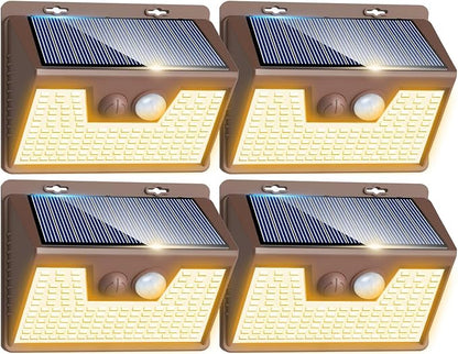 Peasur Solar Lights Outdoor Motion Sensor Waterproof, 4Pack 140LED Brown Solar Powered Fence Light, 3 Modes Security Wall Lights for Garden Yard Outside(Warm White)
