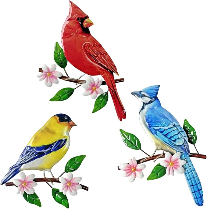 Limygus 3 Piece Metal Birds on Branch Wall Art, Floral Indoor Outdoor Hanging Decor for Garden Fence Courtyard