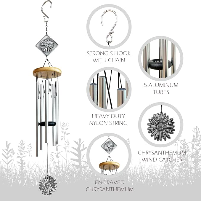 Daisy Wind Chime for Outside,29 "Memorial Outdoor Wind Chimes Sunflower Gifts for Women/Mother/Father/Christmas,Unique Windchimes Outdoors Daisy Garden Patio Home Yard Decor (Silver)