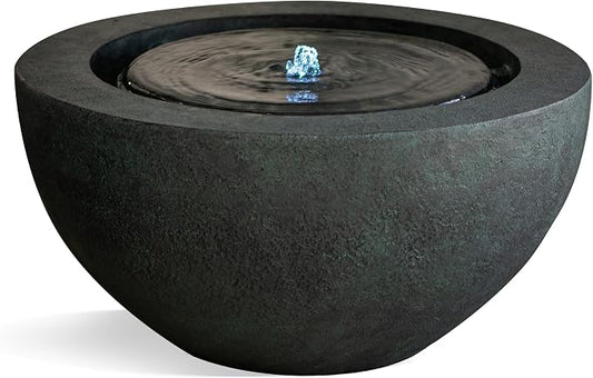 XBrand 9.65" H Round Sphere Water Fountain Indoor/Outdoor with LED Light, Polyresin Bubbler Feature for Patio, Yard, Home Décor - Dark Green, Tranquil Serene Garden Accent