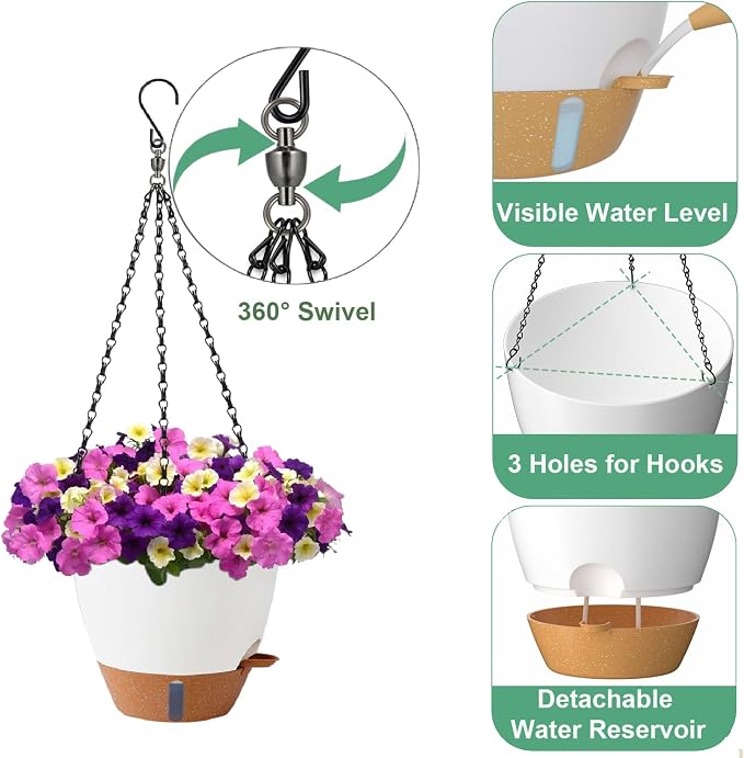 Heybe 3 Pack Self Watering Hanging Planters with Swivel Hanging Chains 20 Inches, 10/9/8 Inch Pots for Indoor Outdoor Plants, White