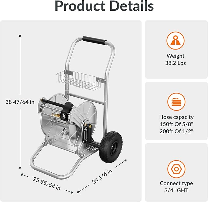 Giraffe Tools Garden Hose Reel Cart with Wheels, Stainless Steel Heavy Duty Water Hose Reel Cart, 200 ft of 1/2 Capacity, Mobile for Outside