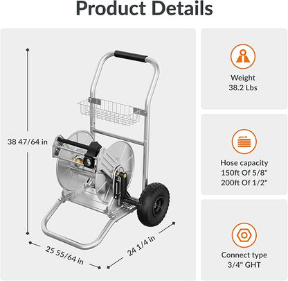 Giraffe Tools Garden Hose Reel Cart with Wheels, Stainless Steel Heavy Duty Water Hose Reel Cart, 200 ft of 1/2 Capacity, Mobile for Outside