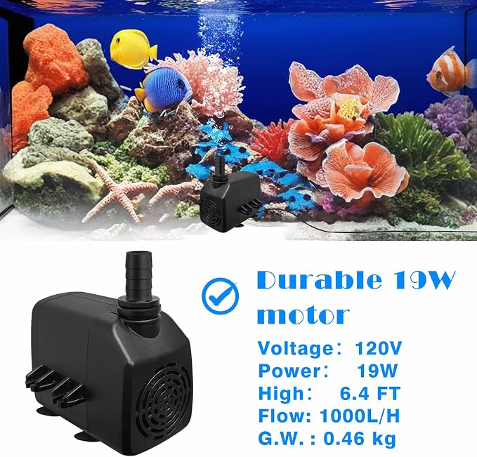 Submersible Water Pump, 400GPH 19W 1000L/H Flow with 6.5ft High Lift for Aquariums, Fish Tanks, Ponds, Hydroponics, and Statuary - Black