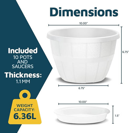 10-Inch Whiskey Barrel Planters Outdoor Pack of 10 - Durable Plastic Plant Pots for Indoor & Outdoor Use with Drainage & Saucer, Lightweight Rustic Barrel Planters for Flowers, Herbs & Small Plants
